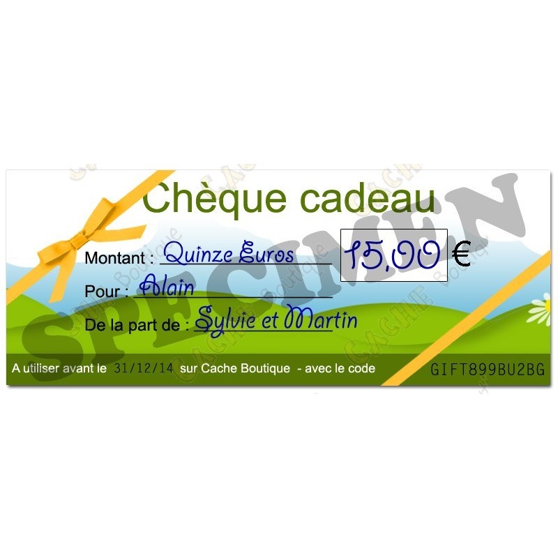Chèque cadeau - Valeur 15€ - Cache Boutique